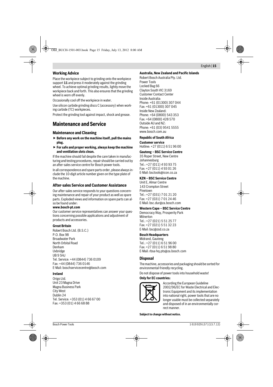 Maintenance and service | Bosch GBG 6 Professional User Manual | Page 15 / 150