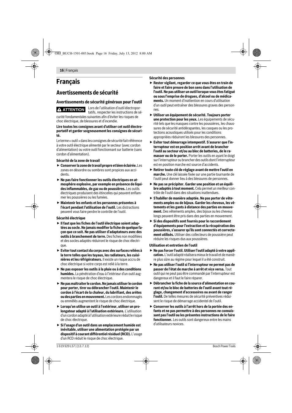 Français, Avertissements de sécurité | Bosch GBG 6 Professional User Manual | Page 16 / 150