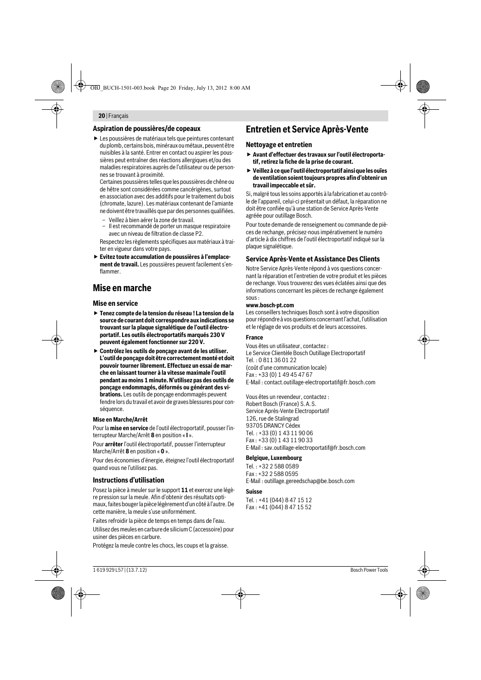 Mise en marche, Entretien et service après-vente | Bosch GBG 6 Professional User Manual | Page 20 / 150