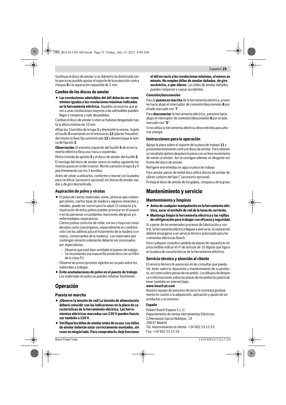 Operación, Mantenimiento y servicio | Bosch GBG 6 Professional User Manual | Page 25 / 150