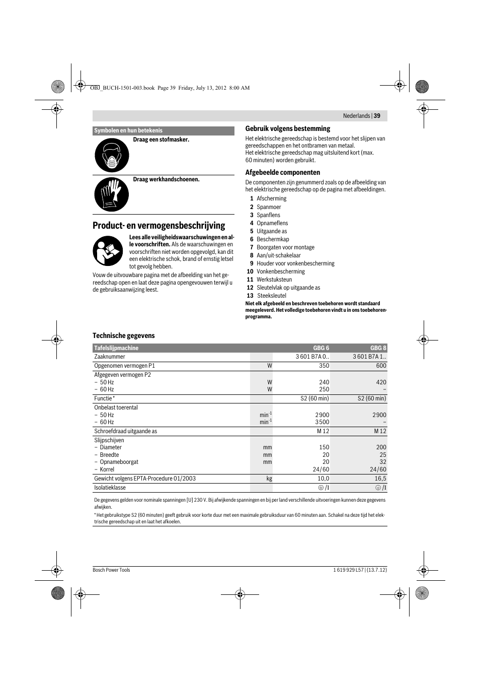 Product- en vermogensbeschrijving | Bosch GBG 6 Professional User Manual | Page 39 / 150