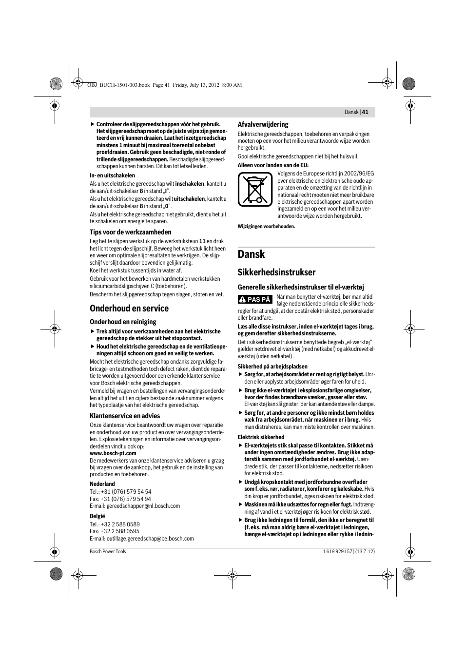 Dansk, Onderhoud en service, Sikkerhedsinstrukser | Bosch GBG 6 Professional User Manual | Page 41 / 150