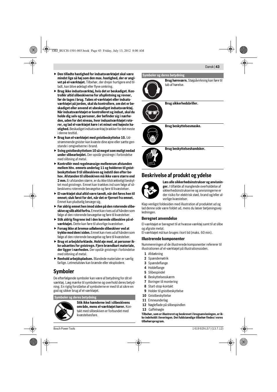 Symboler, Beskrivelse af produkt og ydelse | Bosch GBG 6 Professional User Manual | Page 43 / 150