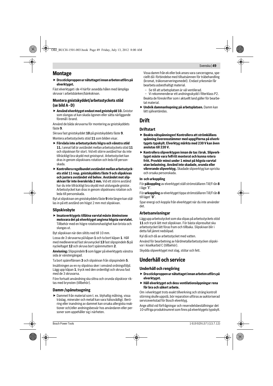 Montage, Drift, Underhåll och service | Bosch GBG 6 Professional User Manual | Page 49 / 150