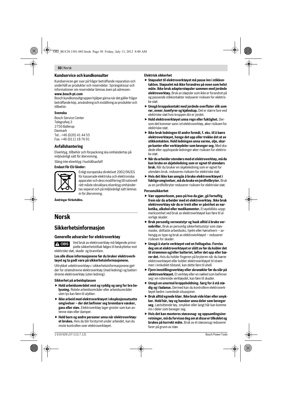 Norsk, Sikkerhetsinformasjon | Bosch GBG 6 Professional User Manual | Page 50 / 150