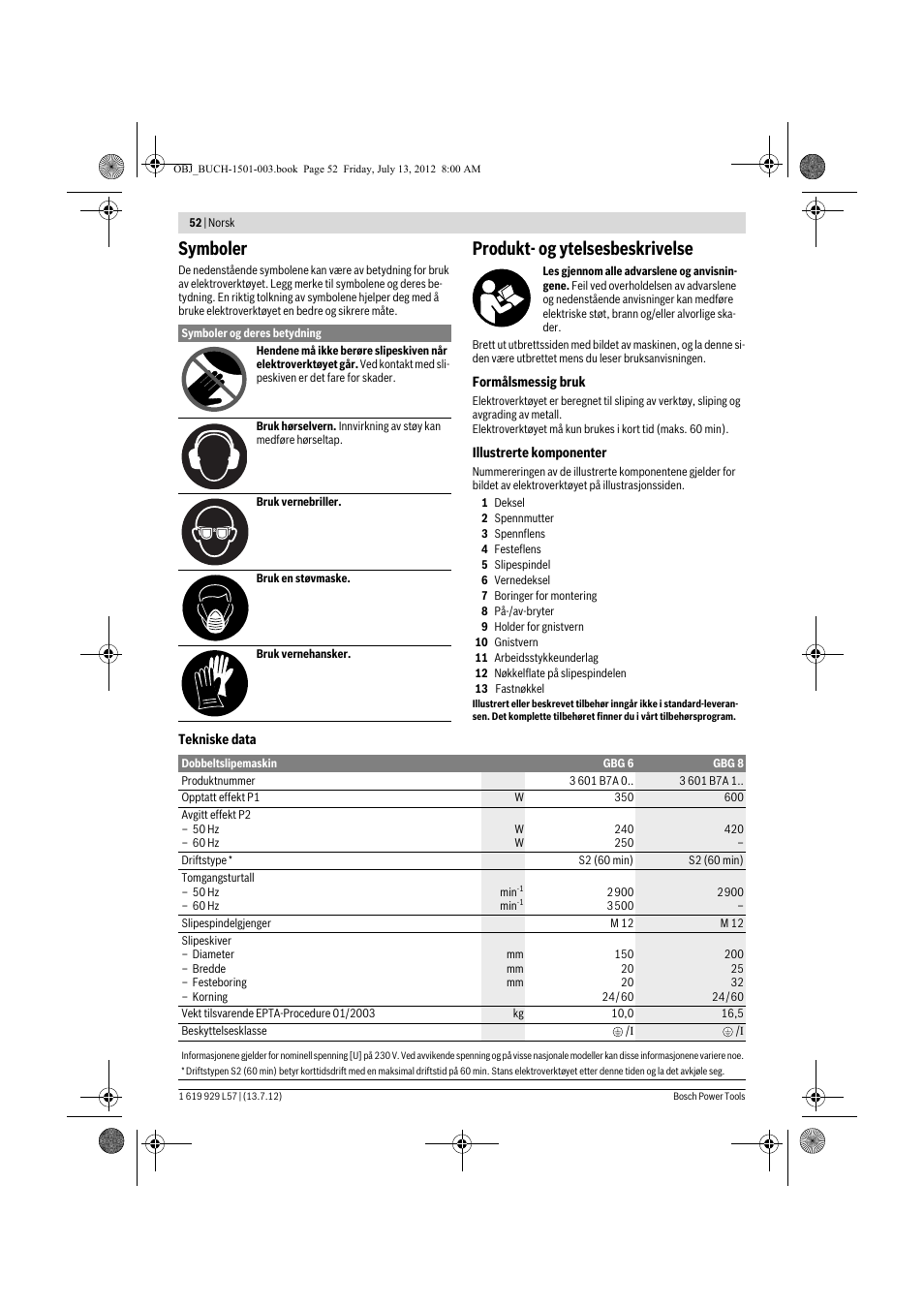 Symboler, Produkt- og ytelsesbeskrivelse | Bosch GBG 6 Professional User Manual | Page 52 / 150