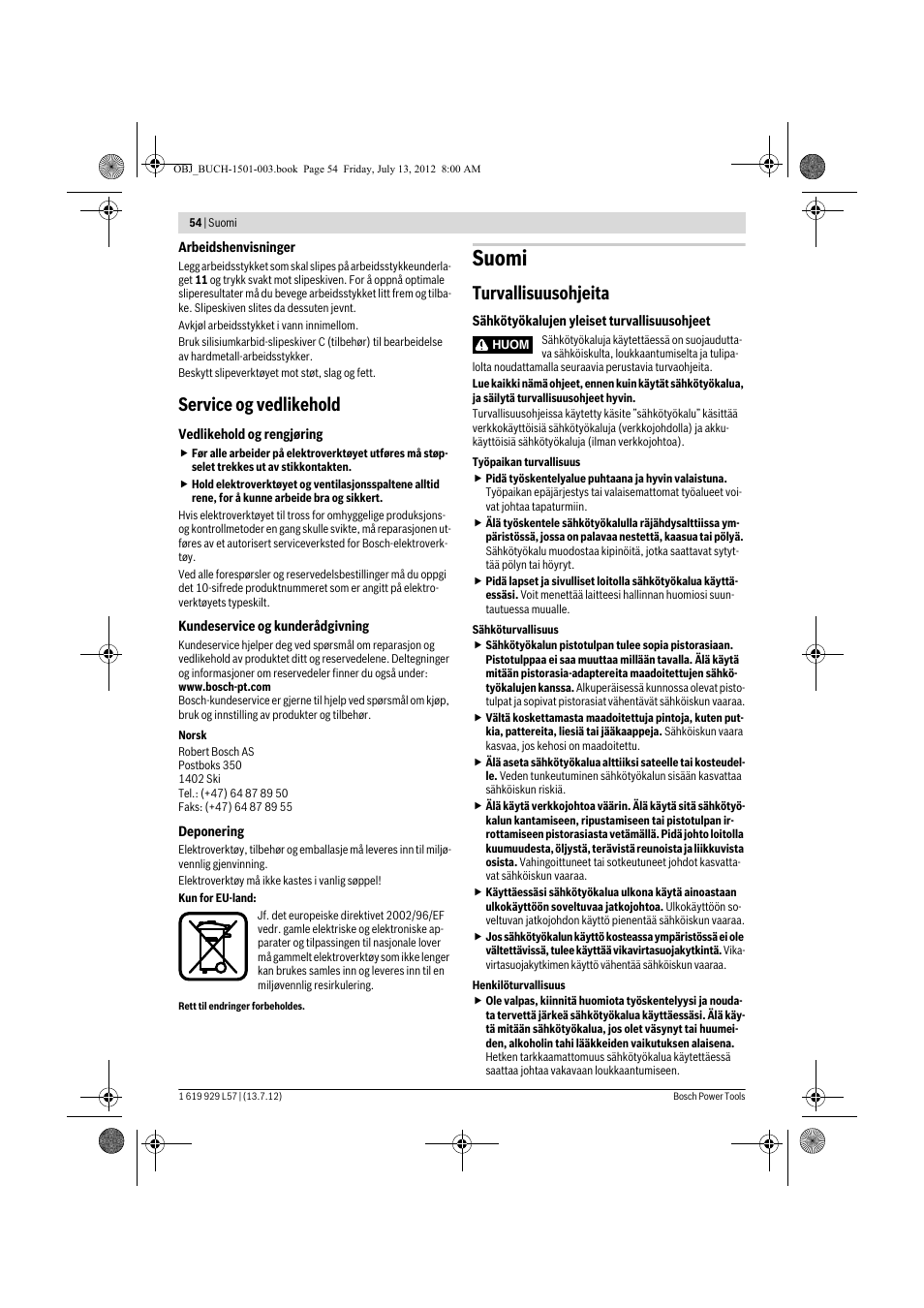 Suomi, Service og vedlikehold, Turvallisuusohjeita | Bosch GBG 6 Professional User Manual | Page 54 / 150