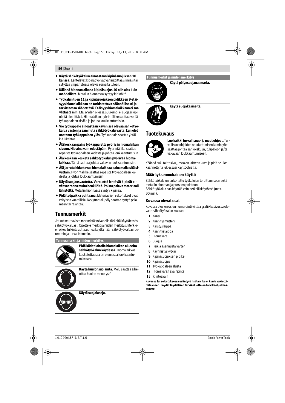 Tunnusmerkit, Tuotekuvaus | Bosch GBG 6 Professional User Manual | Page 56 / 150