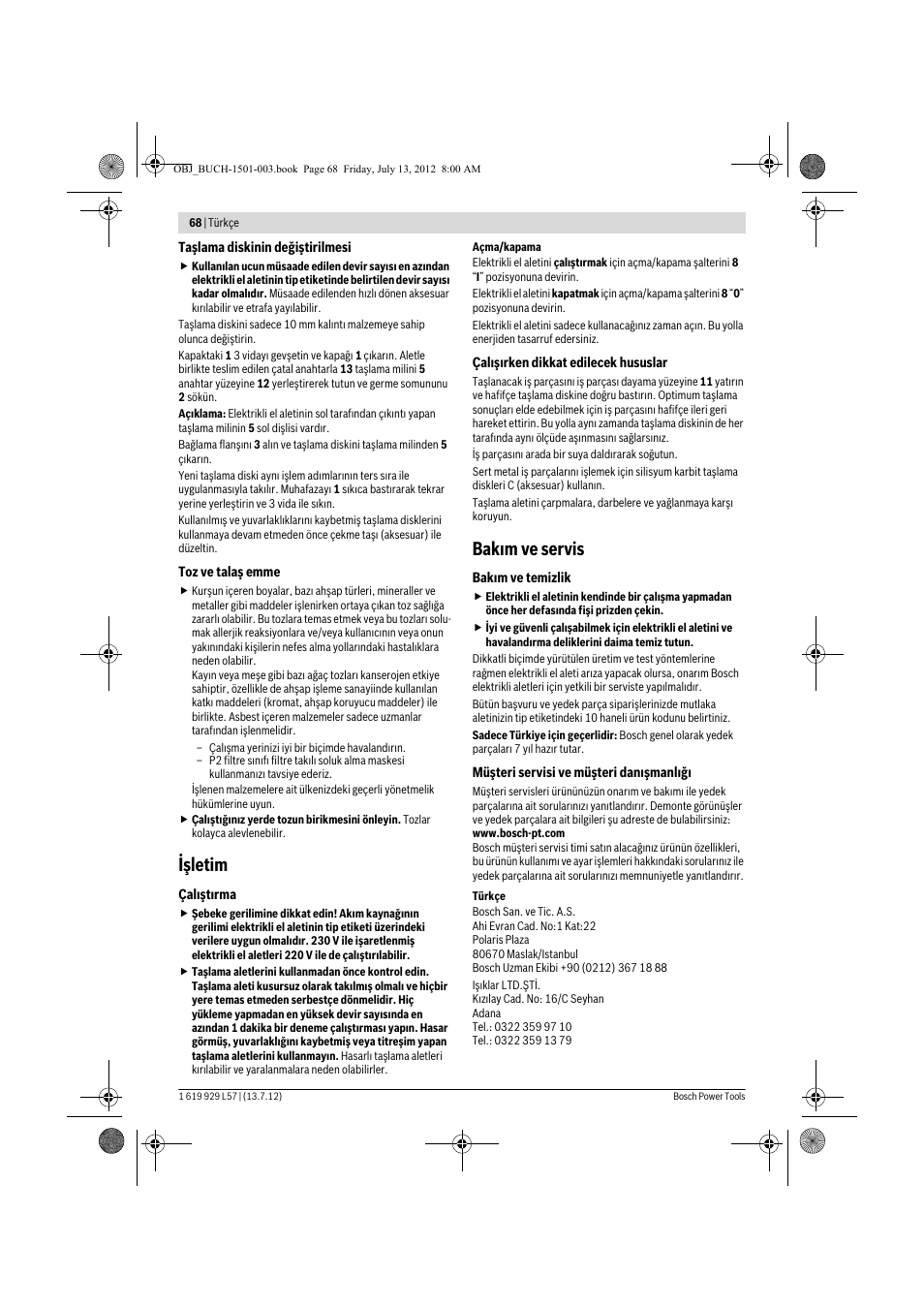 Işletim, Bak m ve servis | Bosch GBG 6 Professional User Manual | Page 68 / 150