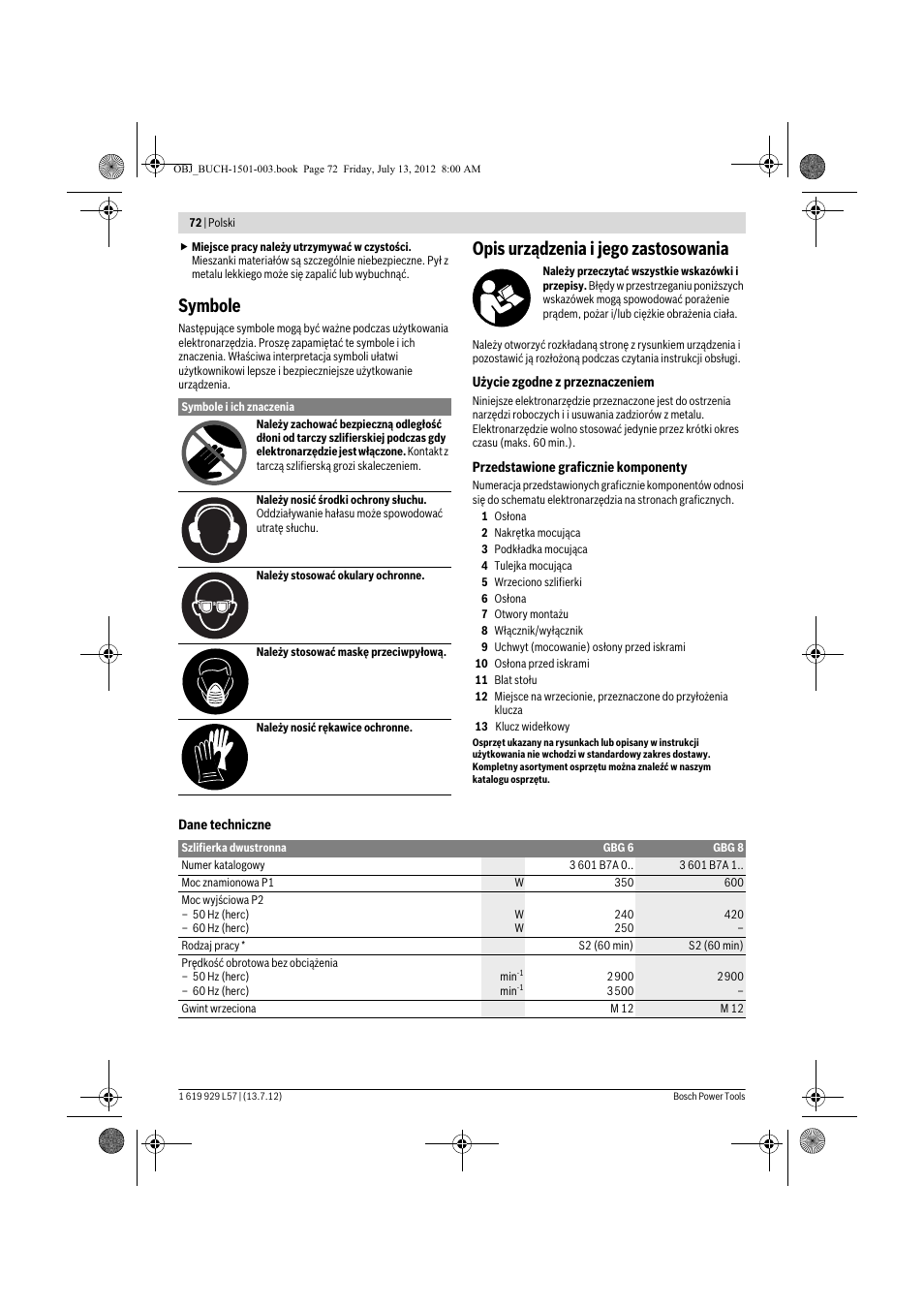 Symbole, Opis urządzenia i jego zastosowania | Bosch GBG 6 Professional User Manual | Page 72 / 150