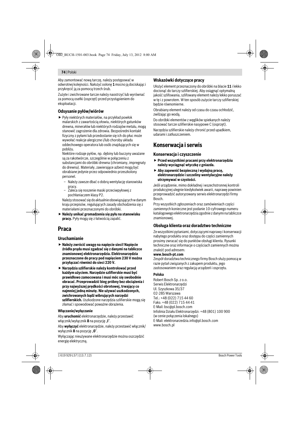 Praca, Konserwacja i serwis | Bosch GBG 6 Professional User Manual | Page 74 / 150