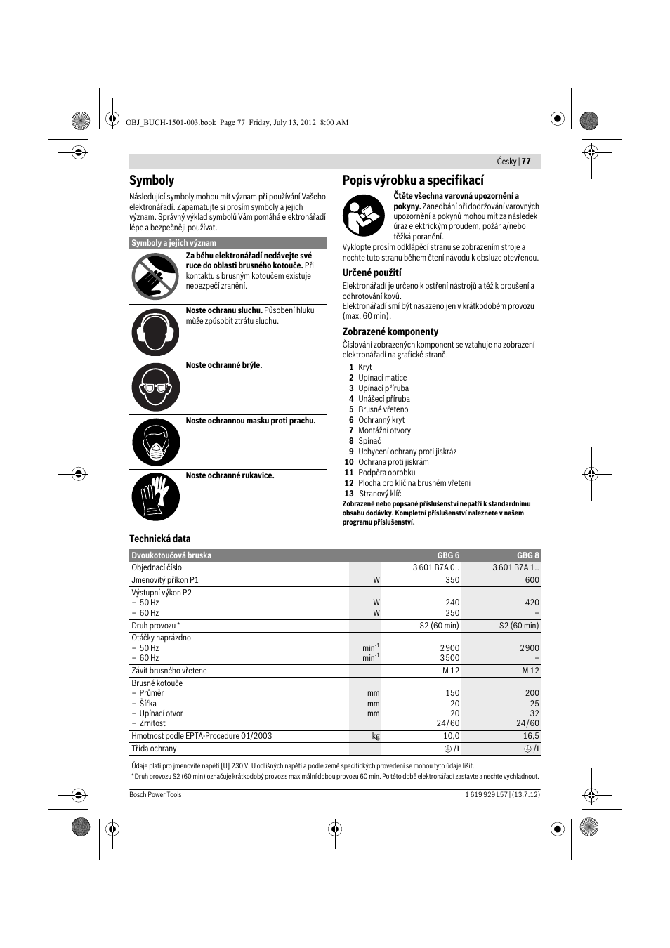 Symboly, Popis výrobku a specifikací | Bosch GBG 6 Professional User Manual | Page 77 / 150