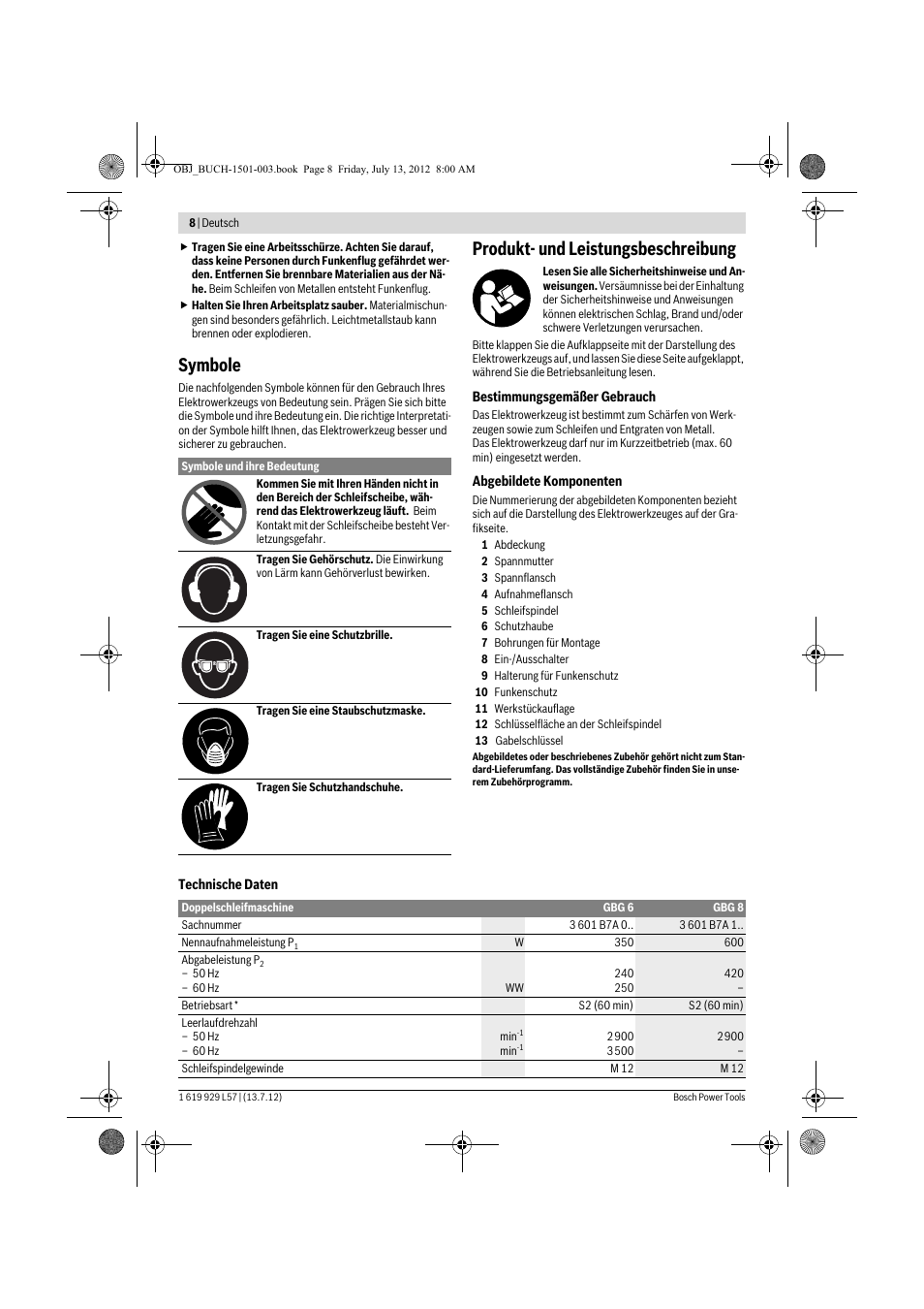 Symbole, Produkt- und leistungsbeschreibung | Bosch GBG 6 Professional User Manual | Page 8 / 150