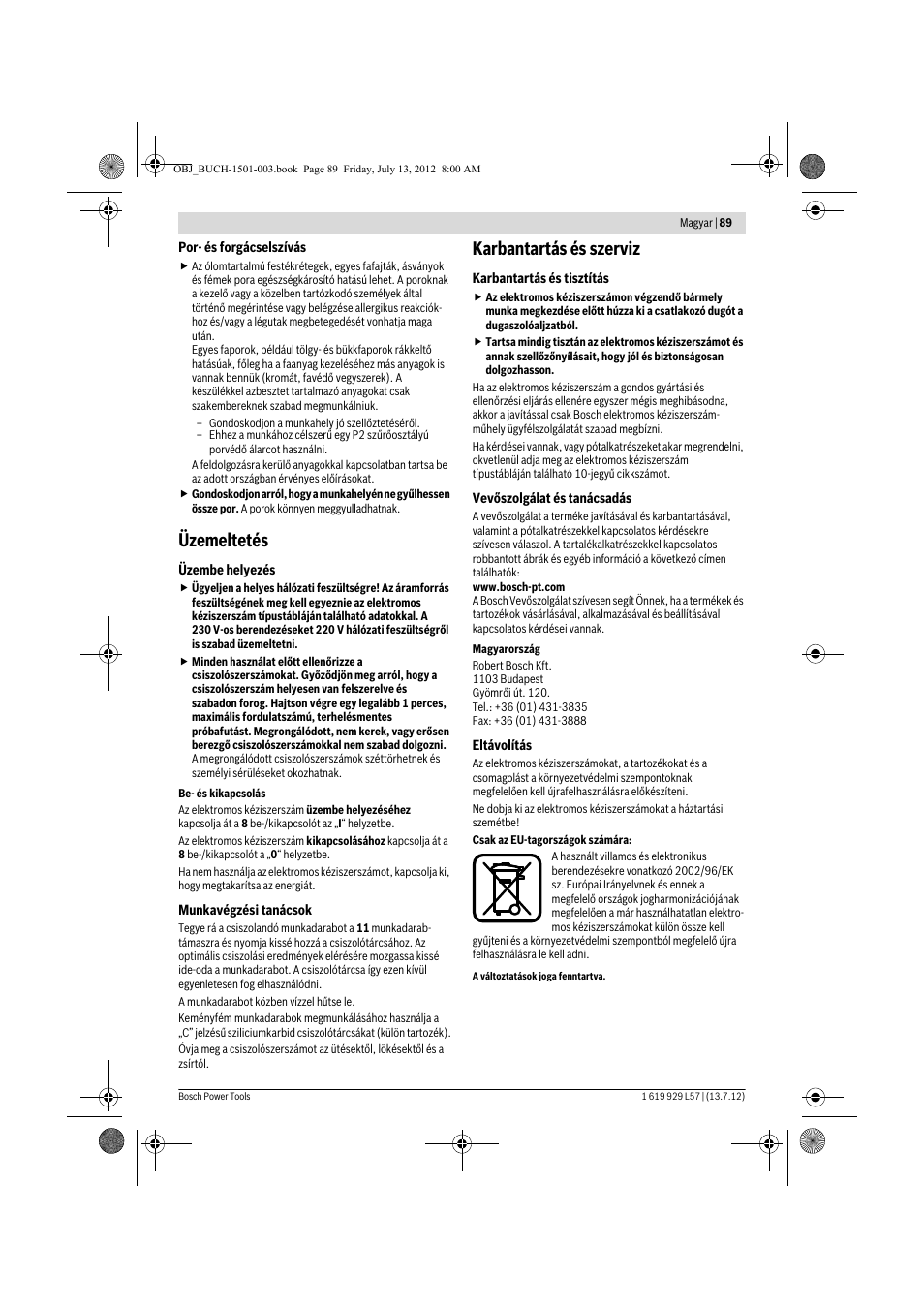 Üzemeltetés, Karbantartás és szerviz | Bosch GBG 6 Professional User Manual | Page 89 / 150
