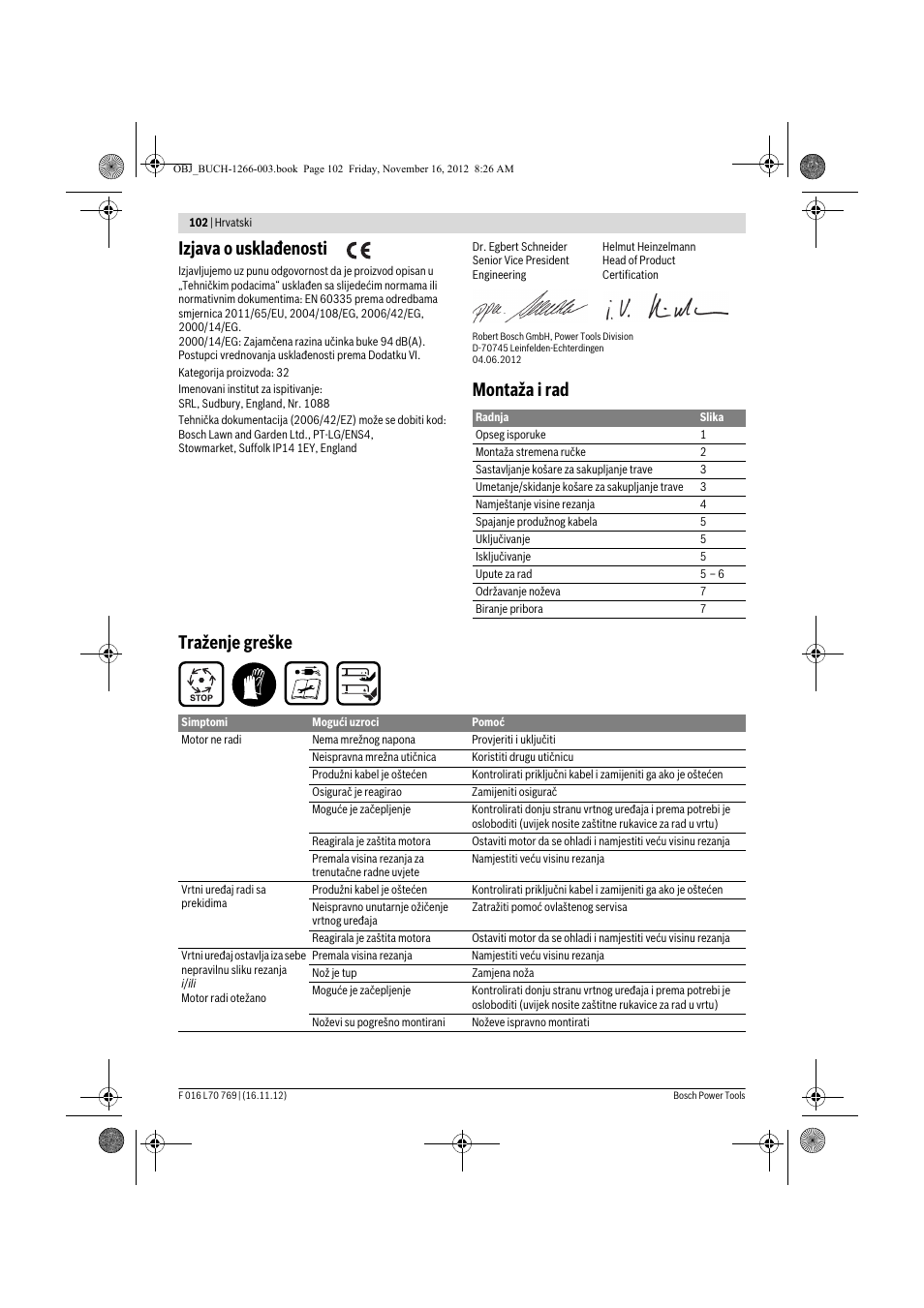 Izjava o usklađenosti, Montaža i rad traženje greške | Bosch Rotak 32 User Manual | Page 102 / 118