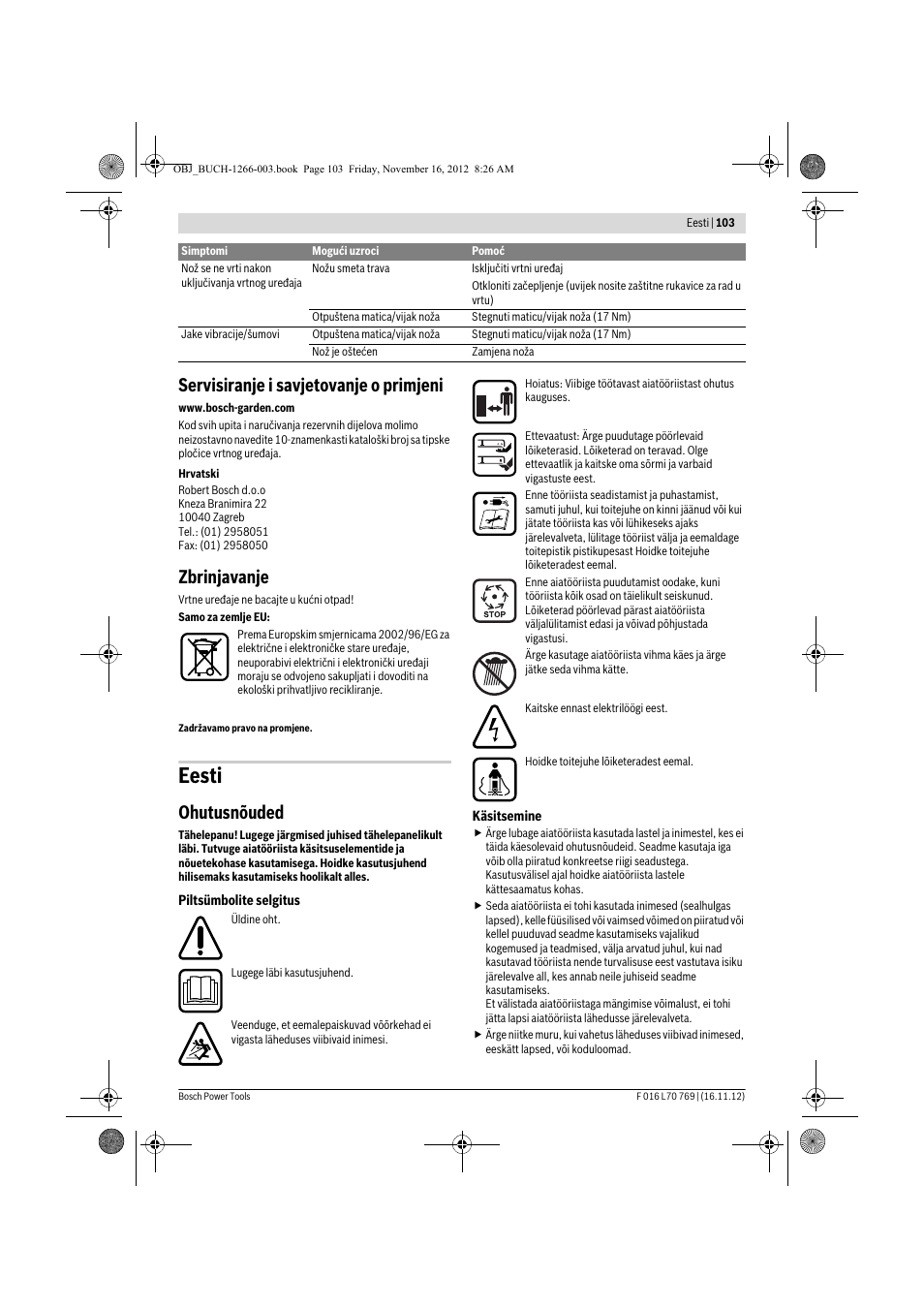 Eesti, Servisiranje i savjetovanje o primjeni, Zbrinjavanje | Ohutusnõuded | Bosch Rotak 32 User Manual | Page 103 / 118