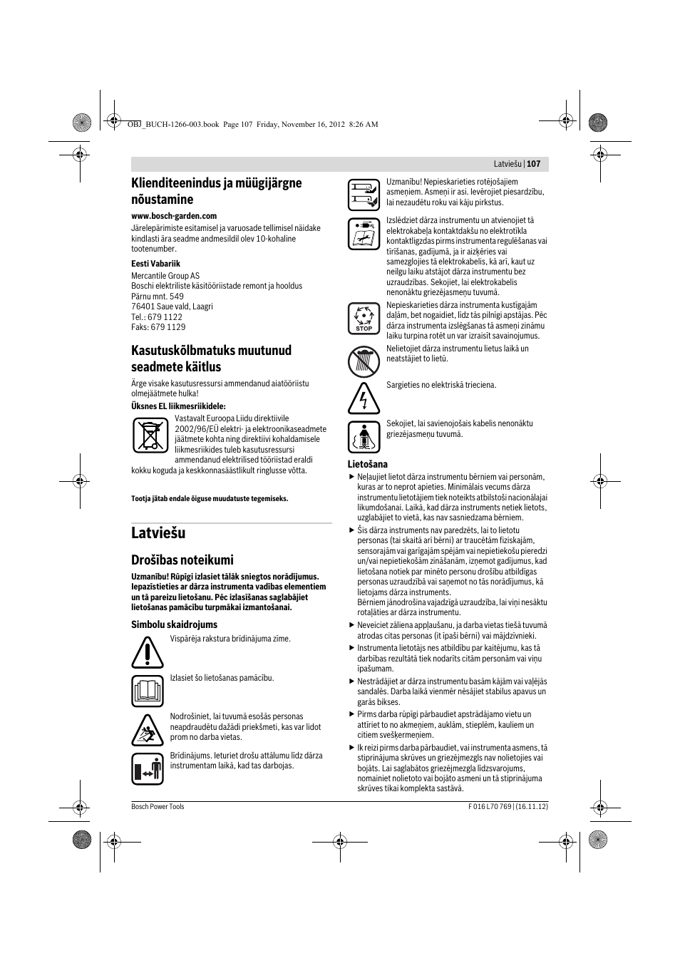 Latviešu, Klienditeenindus ja müügijärgne nõustamine, Kasutuskõlbmatuks muutunud seadmete käitlus | Bosch Rotak 32 User Manual | Page 107 / 118