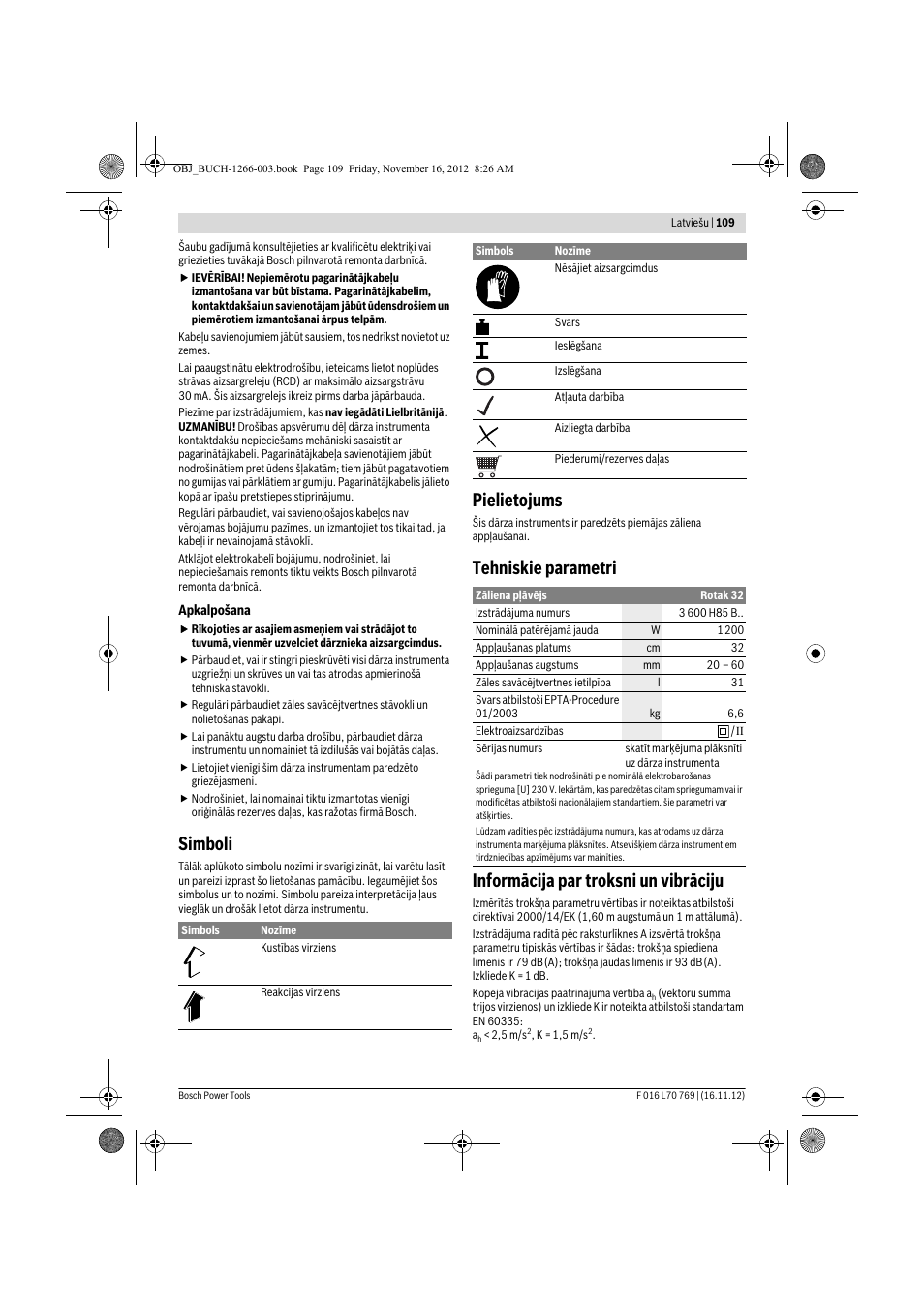 Simboli, Pielietojums | Bosch Rotak 32 User Manual | Page 109 / 118