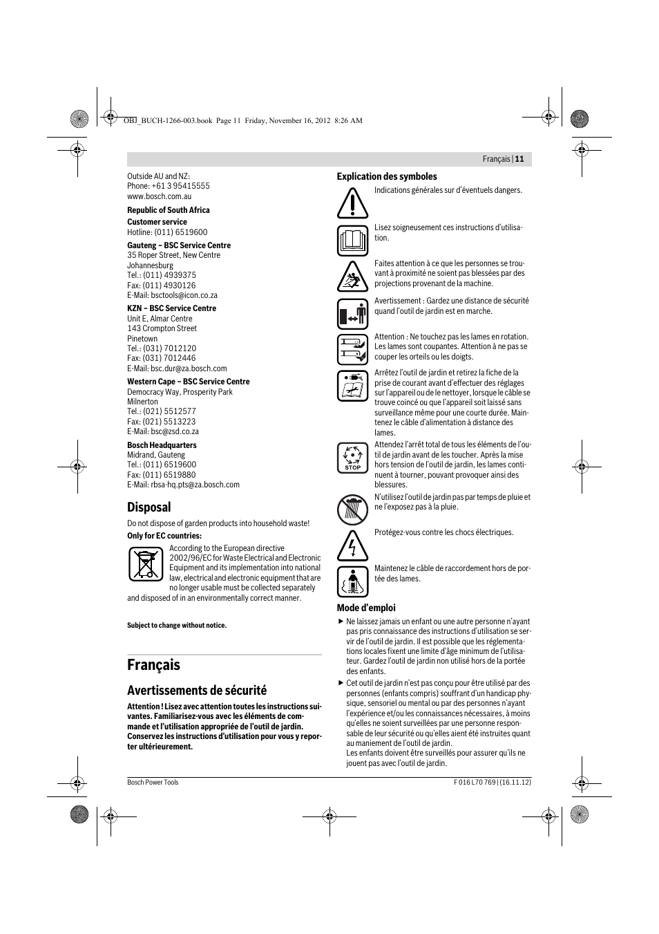 Français, Disposal, Avertissements de sécurité | Bosch Rotak 32 User Manual | Page 11 / 118