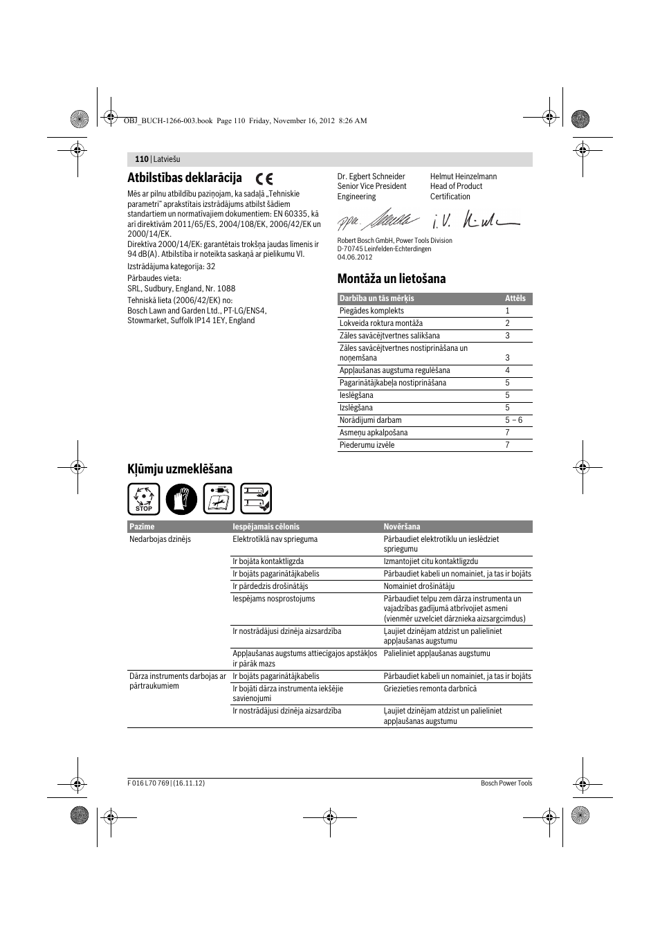 Atbilstības deklarācija, Montāža un lietošana kļūmju uzmeklēšana | Bosch Rotak 32 User Manual | Page 110 / 118