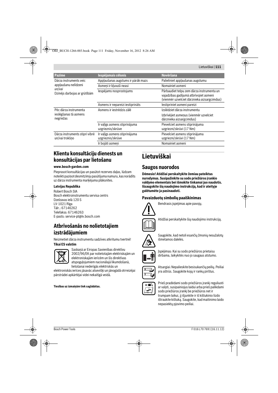 Lietuviškai, Atbrīvošanās no nolietotajiem izstrādājumiem, Saugos nuorodos | Bosch Rotak 32 User Manual | Page 111 / 118