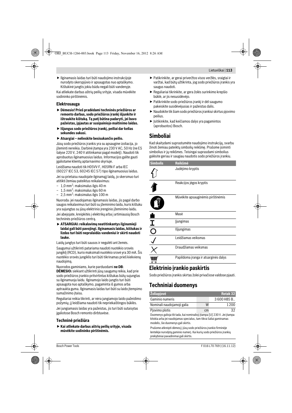 Simboliai, Elektrinio įrankio paskirtis, Techniniai duomenys | Bosch Rotak 32 User Manual | Page 113 / 118