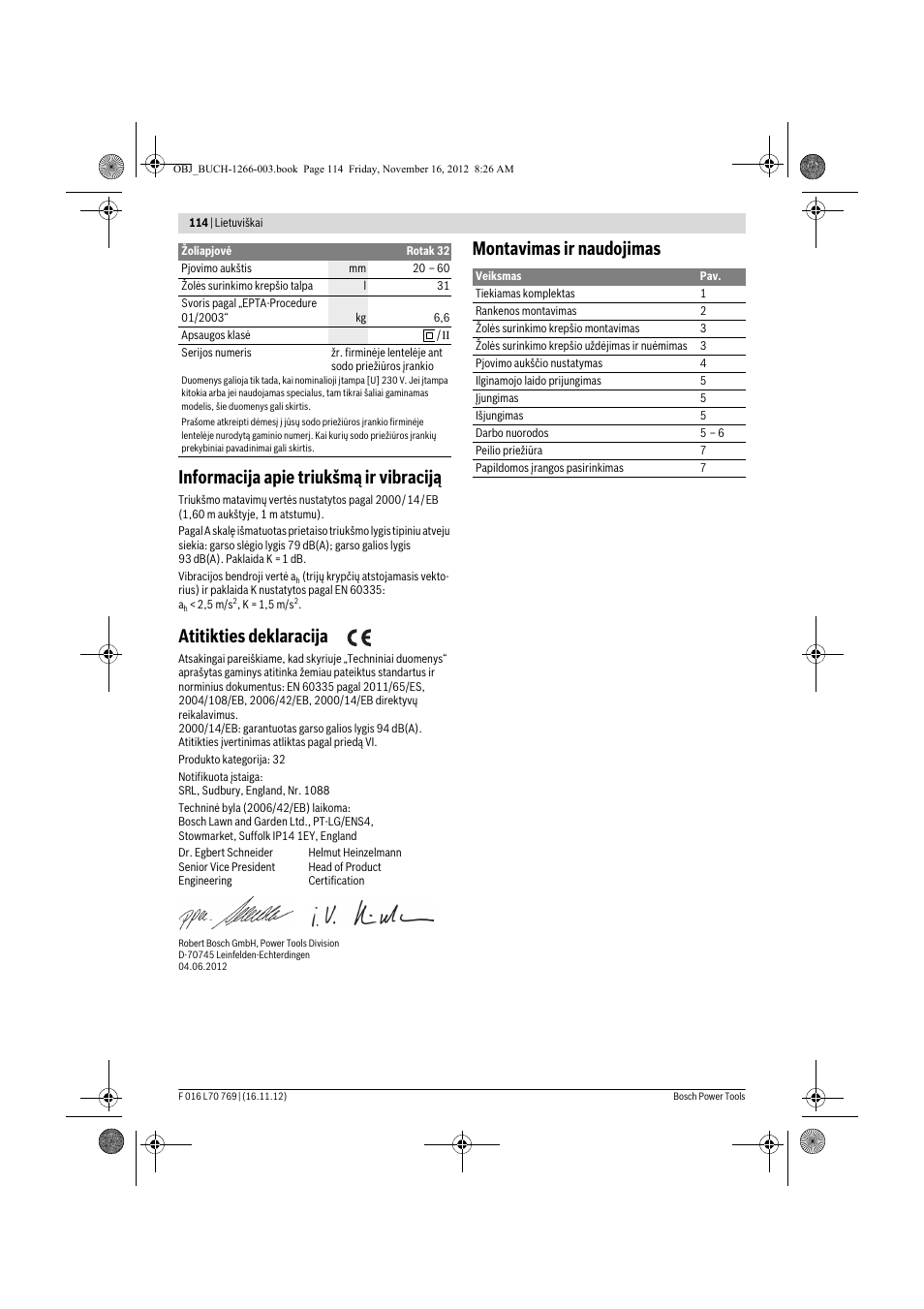 Informacija apie triukšmą ir vibraciją, Atitikties deklaracija, Montavimas ir naudojimas | Bosch Rotak 32 User Manual | Page 114 / 118