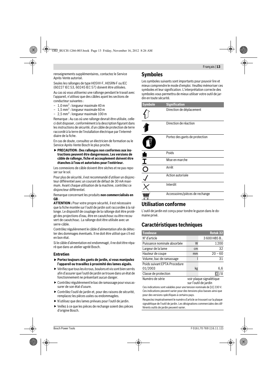 Symboles, Utilisation conforme, Caractéristiques techniques | Bosch Rotak 32 User Manual | Page 13 / 118