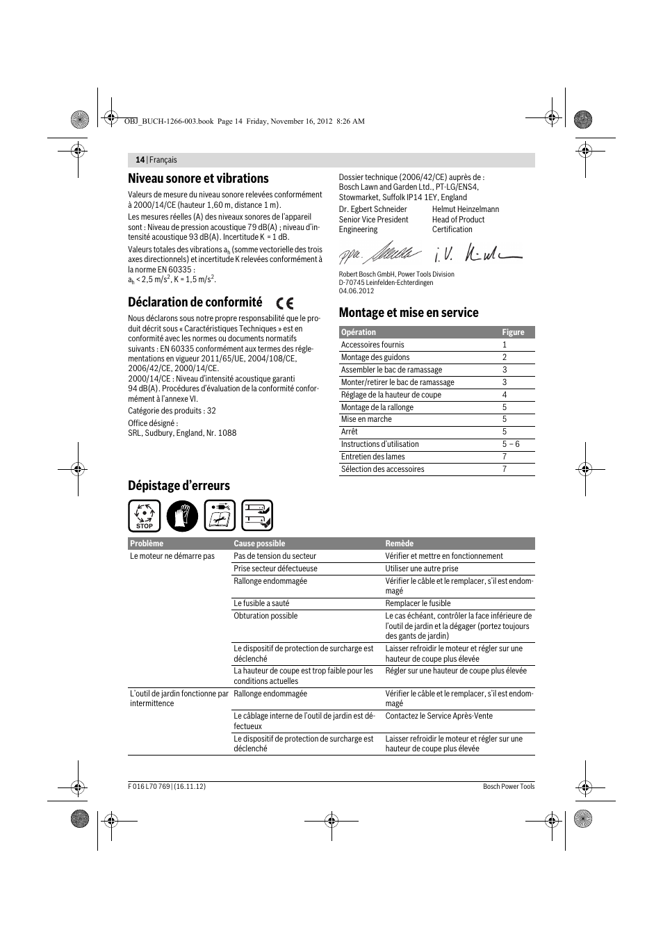 Niveau sonore et vibrations, Déclaration de conformité, Montage et mise en service dépistage d’erreurs | Bosch Rotak 32 User Manual | Page 14 / 118