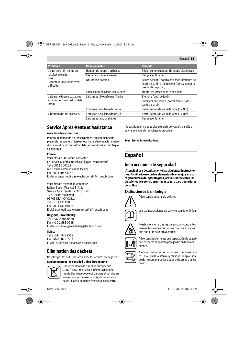 Español, Service après-vente et assistance, Elimination des déchets | Instrucciones de seguridad | Bosch Rotak 32 User Manual | Page 15 / 118