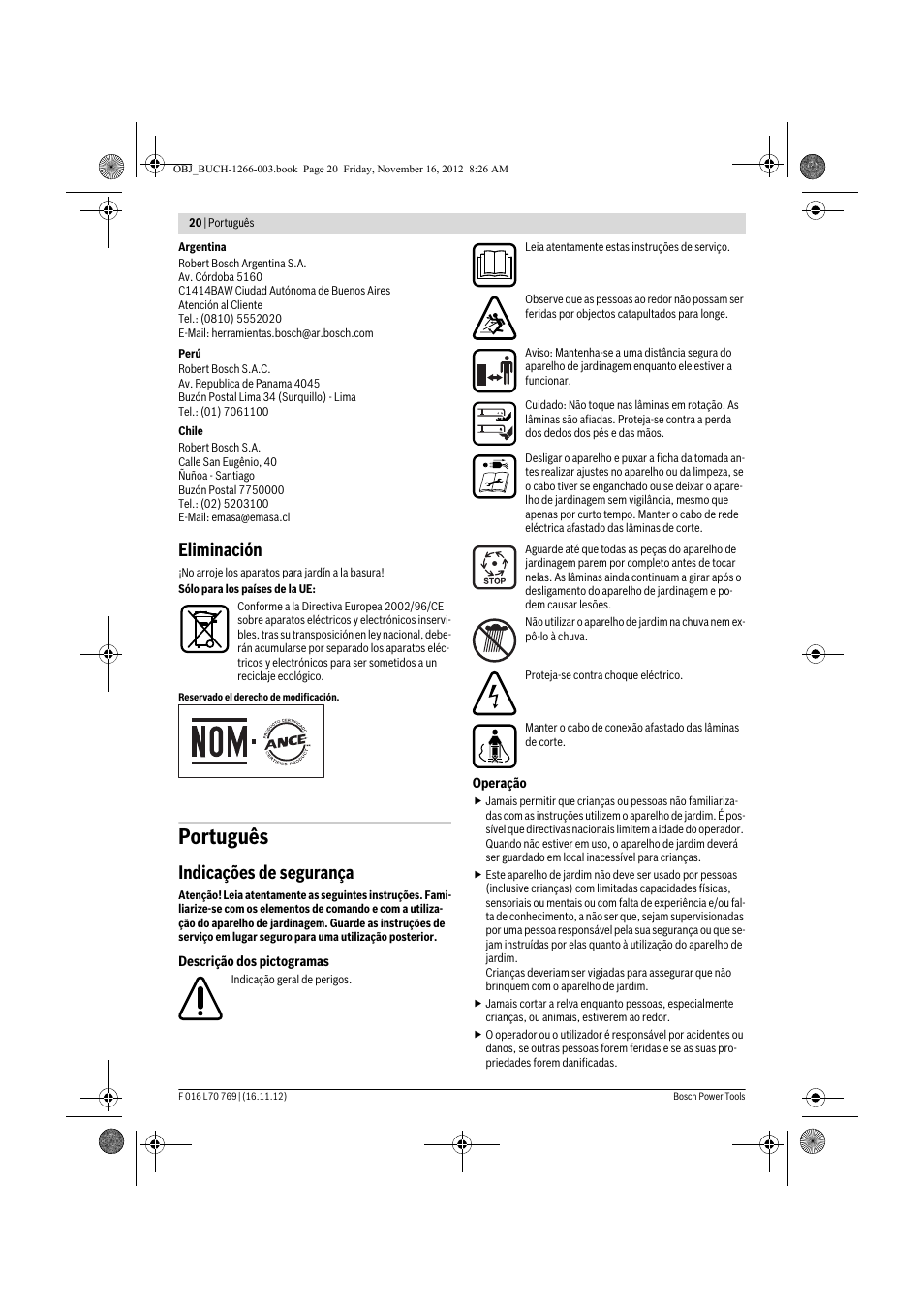 Português, Eliminación, Indicações de segurança | Bosch Rotak 32 User Manual | Page 20 / 118