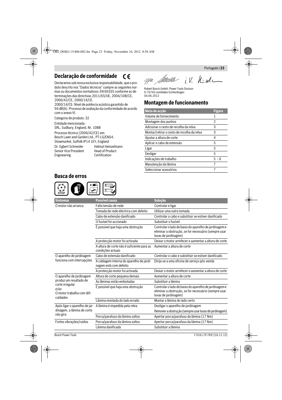 Declaração de conformidade, Montagem de funcionamento busca de erros | Bosch Rotak 32 User Manual | Page 23 / 118