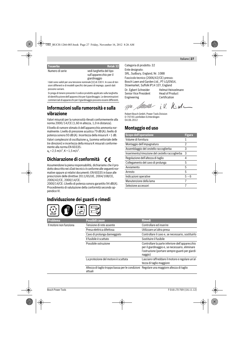 Informazioni sulla rumorosità e sulla vibrazione, Dichiarazione di conformità | Bosch Rotak 32 User Manual | Page 27 / 118