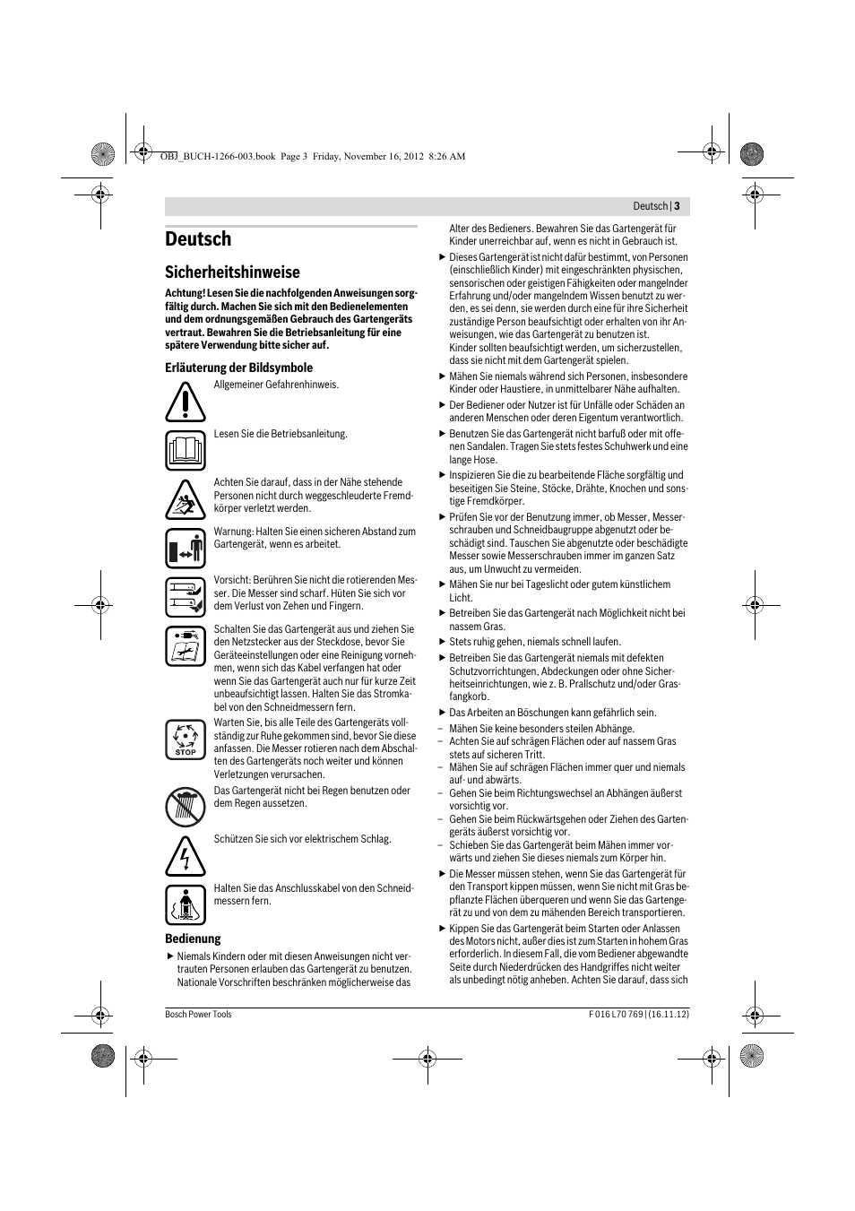 Deutsch, Sicherheitshinweise | Bosch Rotak 32 User Manual | Page 3 / 118