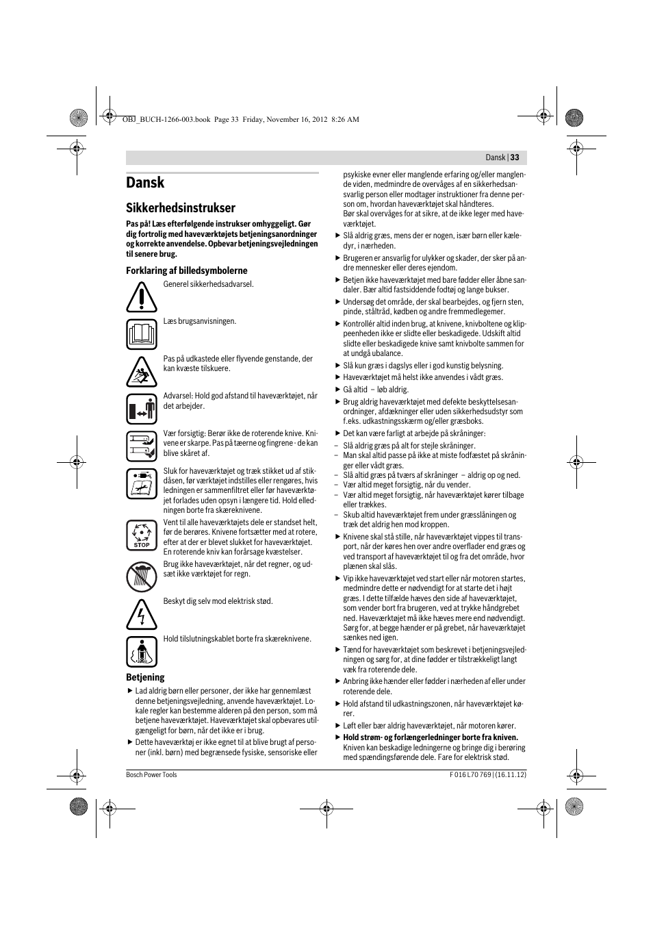 Dansk, Sikkerhedsinstrukser | Bosch Rotak 32 User Manual | Page 33 / 118