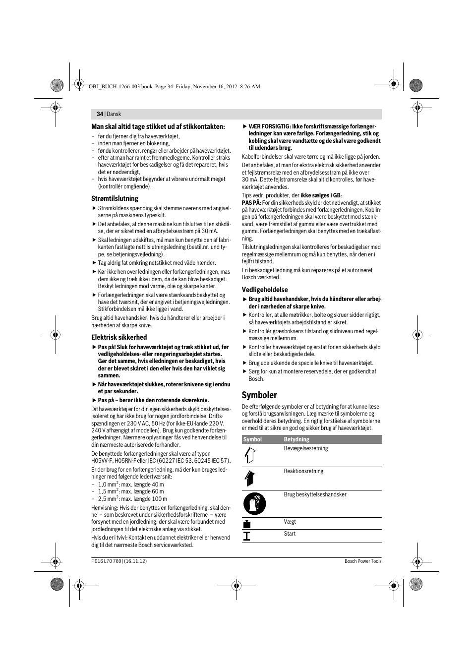 Symboler | Bosch Rotak 32 User Manual | Page 34 / 118