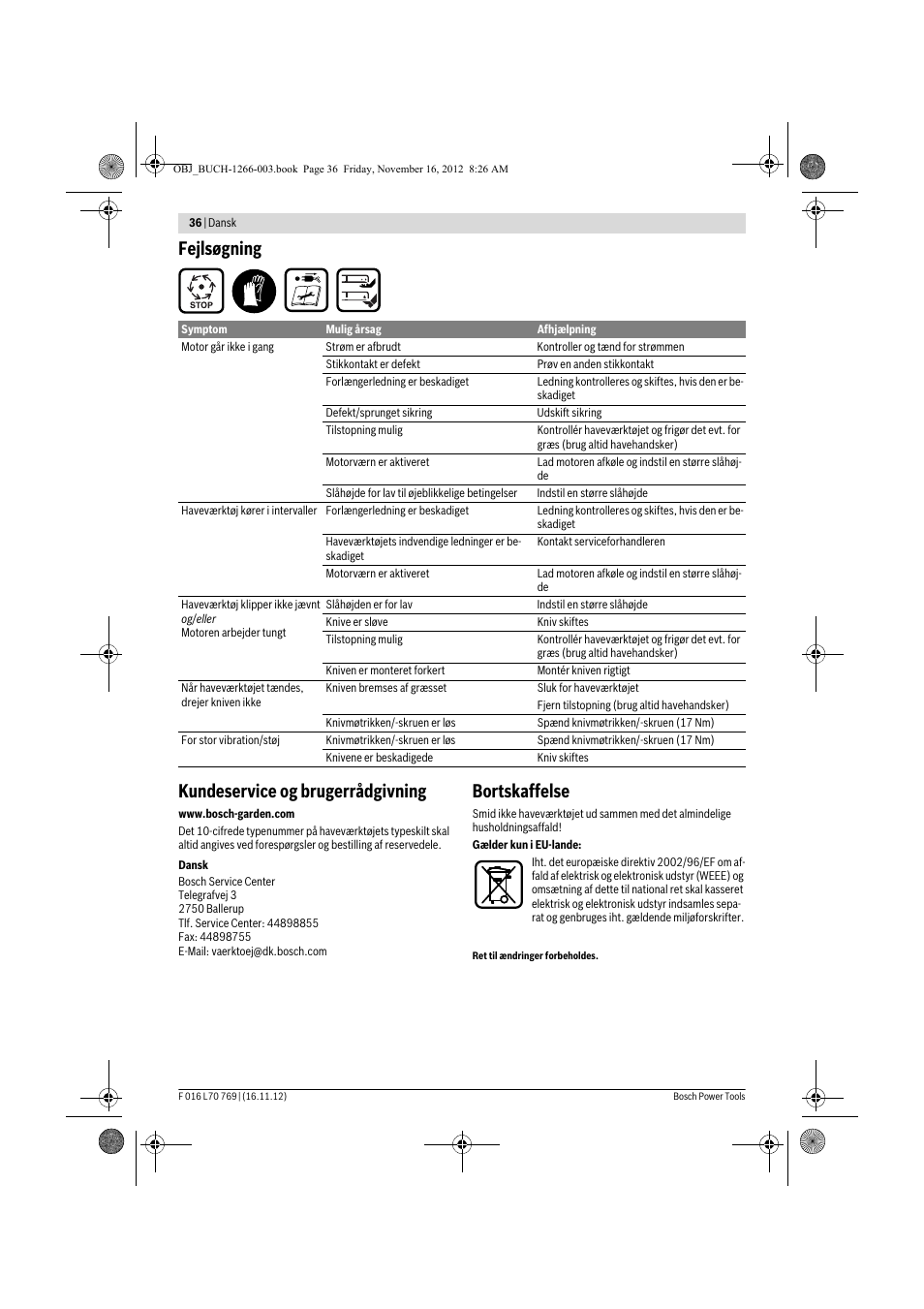 Fejlsøgning kundeservice og brugerrådgivning, Bortskaffelse | Bosch Rotak 32 User Manual | Page 36 / 118