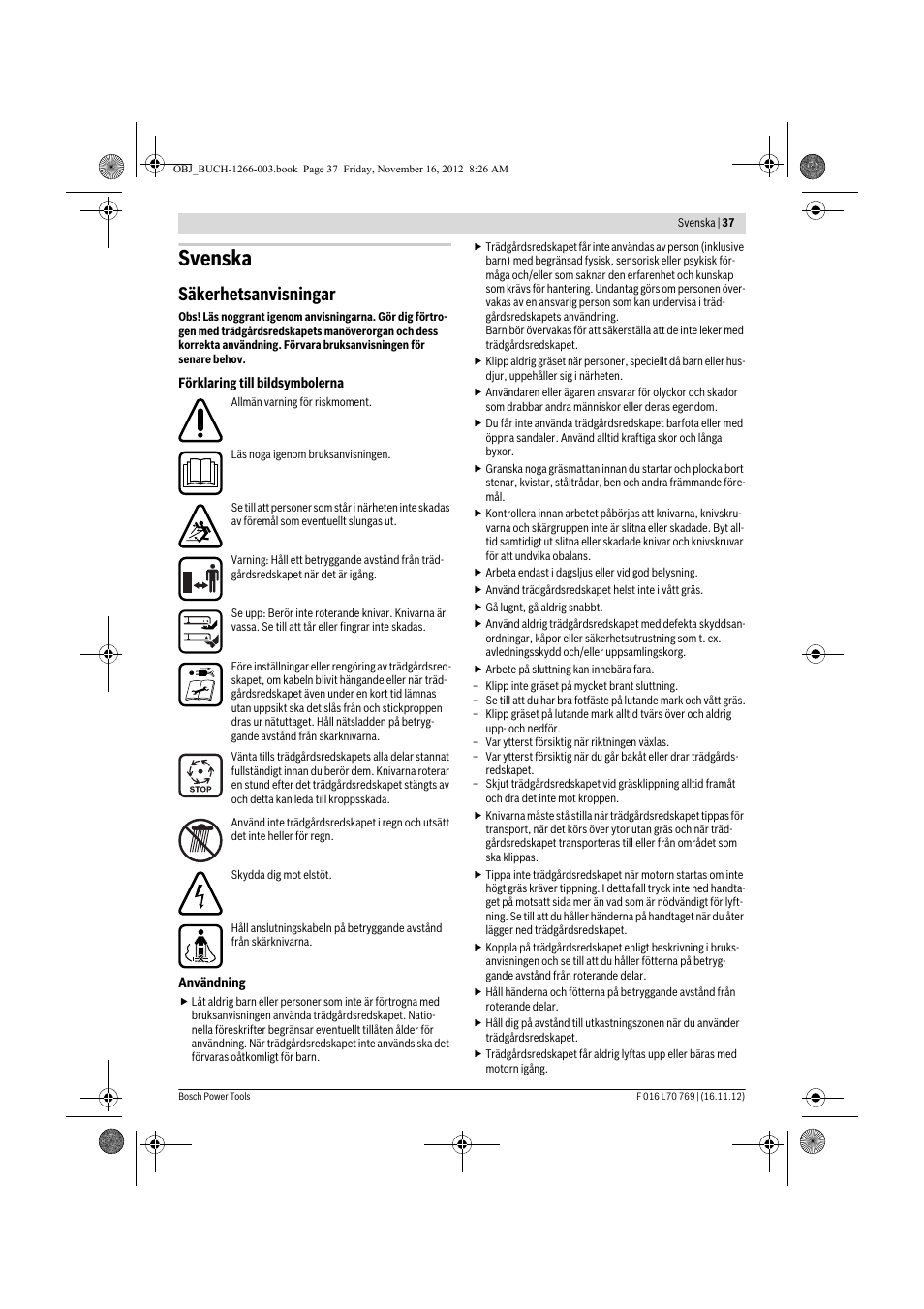 Svenska, Säkerhetsanvisningar | Bosch Rotak 32 User Manual | Page 37 / 118