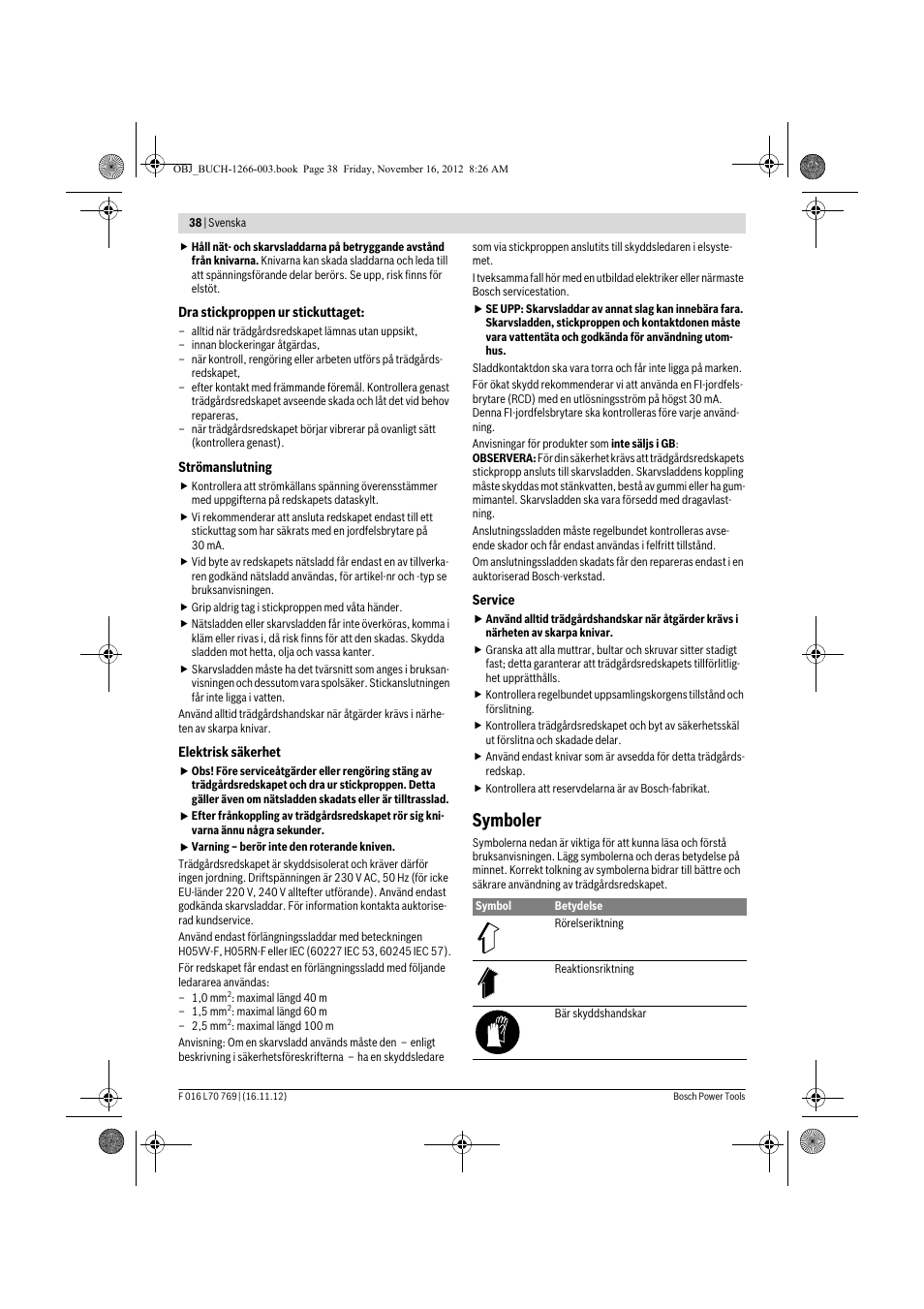 Symboler | Bosch Rotak 32 User Manual | Page 38 / 118