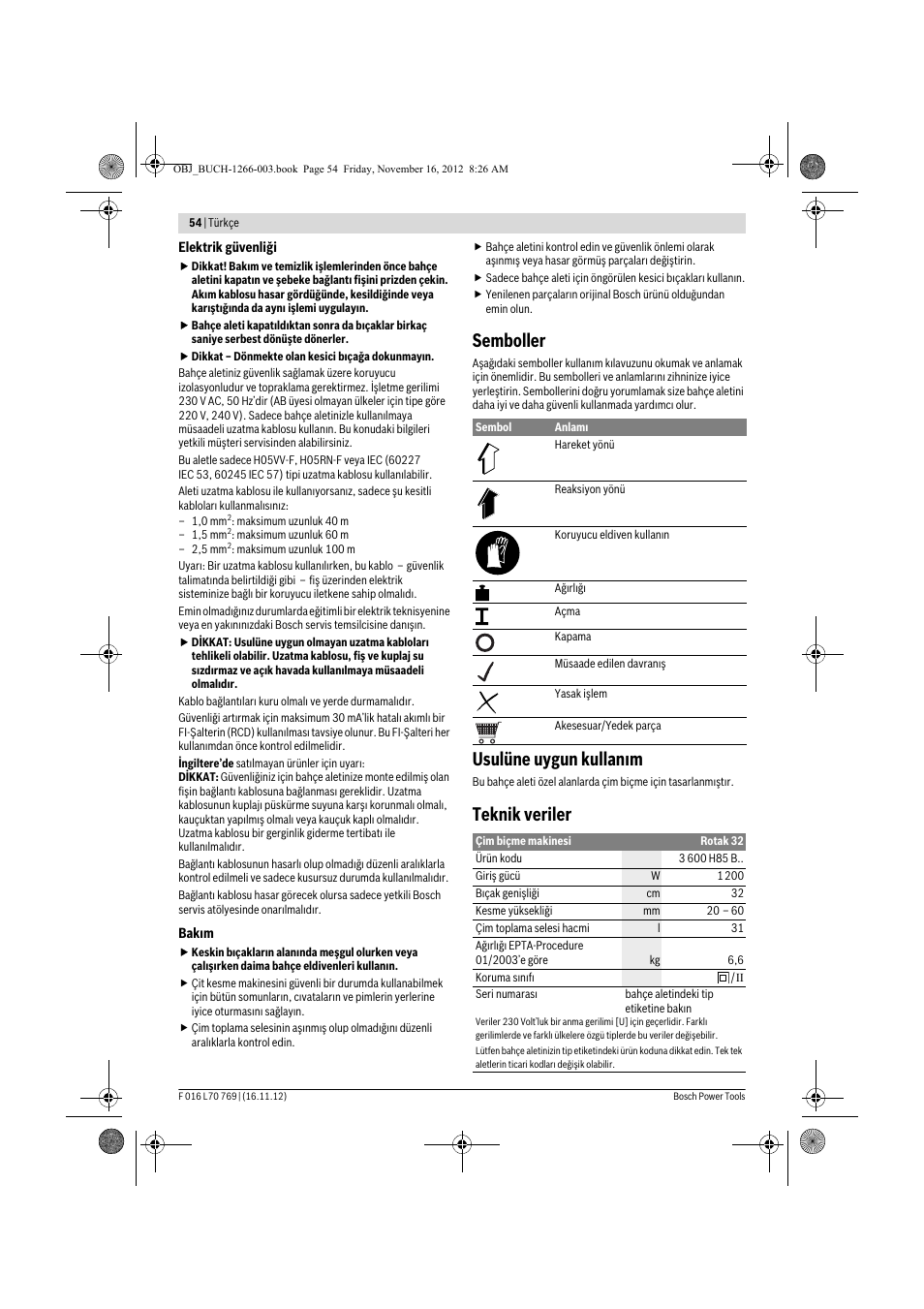 Semboller, Usulüne uygun kullanım, Teknik veriler | Bosch Rotak 32 User Manual | Page 54 / 118