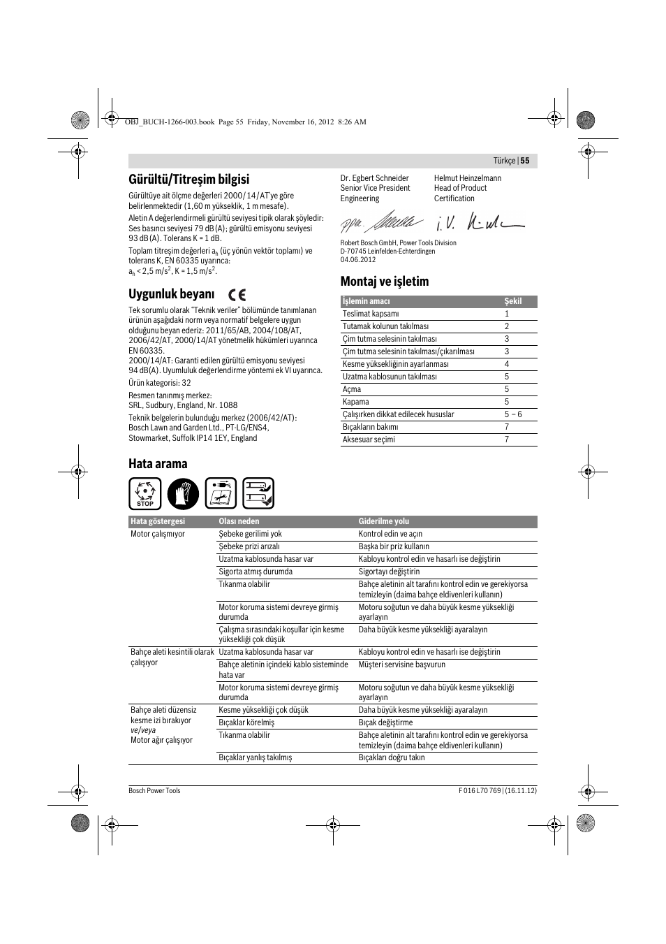 Gürültü/titreşim bilgisi, Uygunluk beyanı, Montaj ve işletim hata arama | Bosch Rotak 32 User Manual | Page 55 / 118