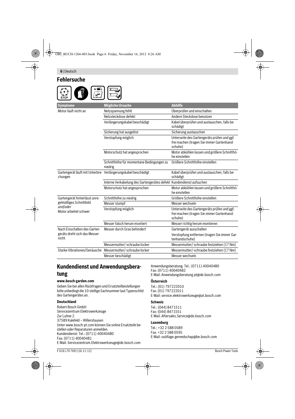 Fehlersuche kundendienst und anwendungsbera- tung | Bosch Rotak 32 User Manual | Page 6 / 118