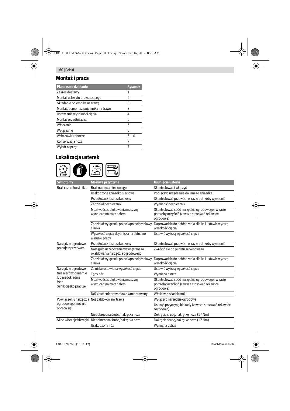 Montaż i praca lokalizacja usterek | Bosch Rotak 32 User Manual | Page 60 / 118