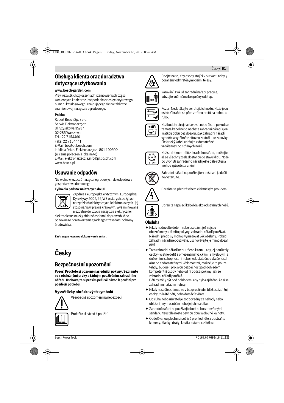 Česky, Usuwanie odpadów, Bezpečnostní upozornění | Bosch Rotak 32 User Manual | Page 61 / 118