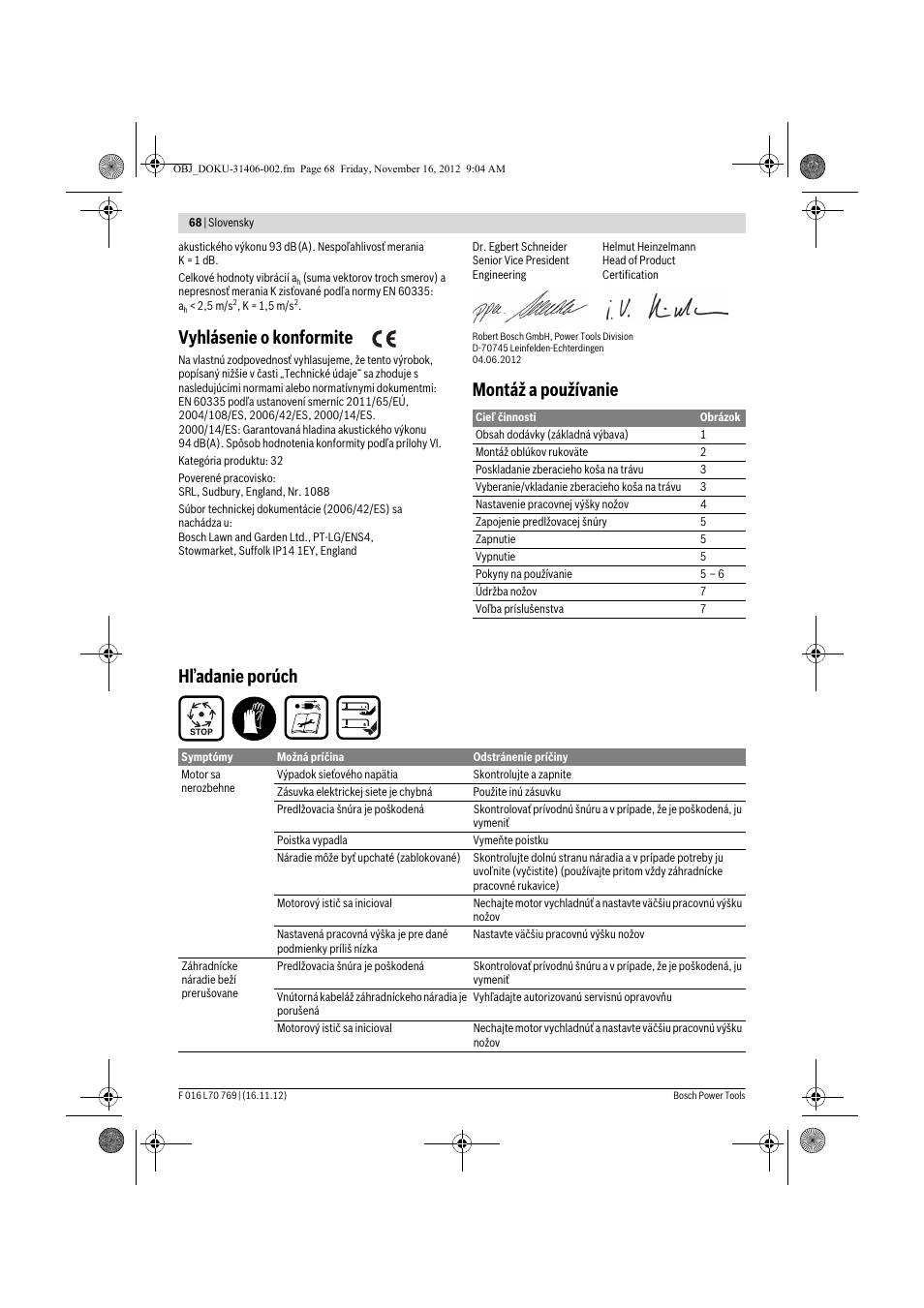 Vyhlásenie o konformite, Montáž a používanie hľadanie porúch | Bosch Rotak 32 User Manual | Page 68 / 118