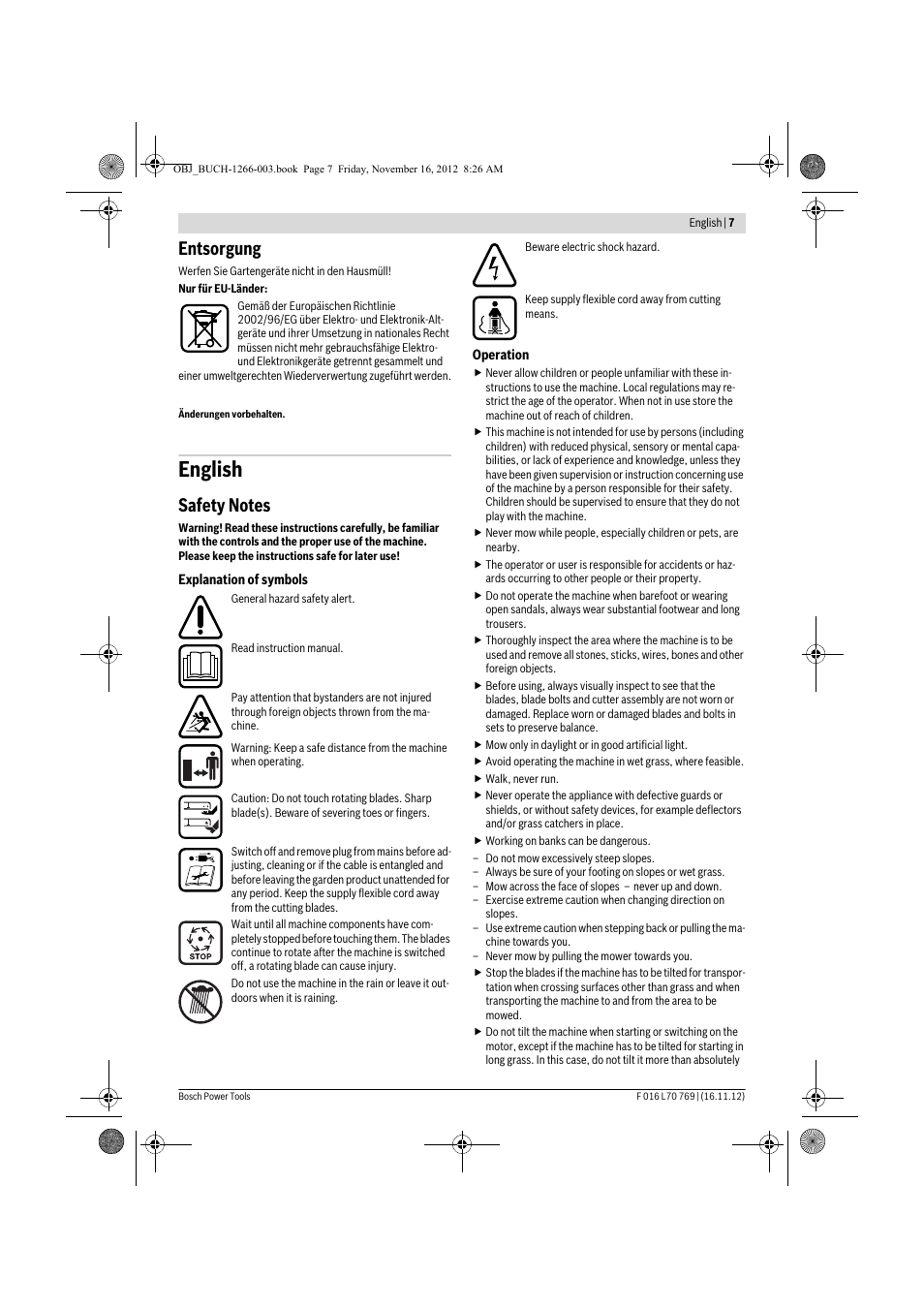 English, Entsorgung | Bosch Rotak 32 User Manual | Page 7 / 118