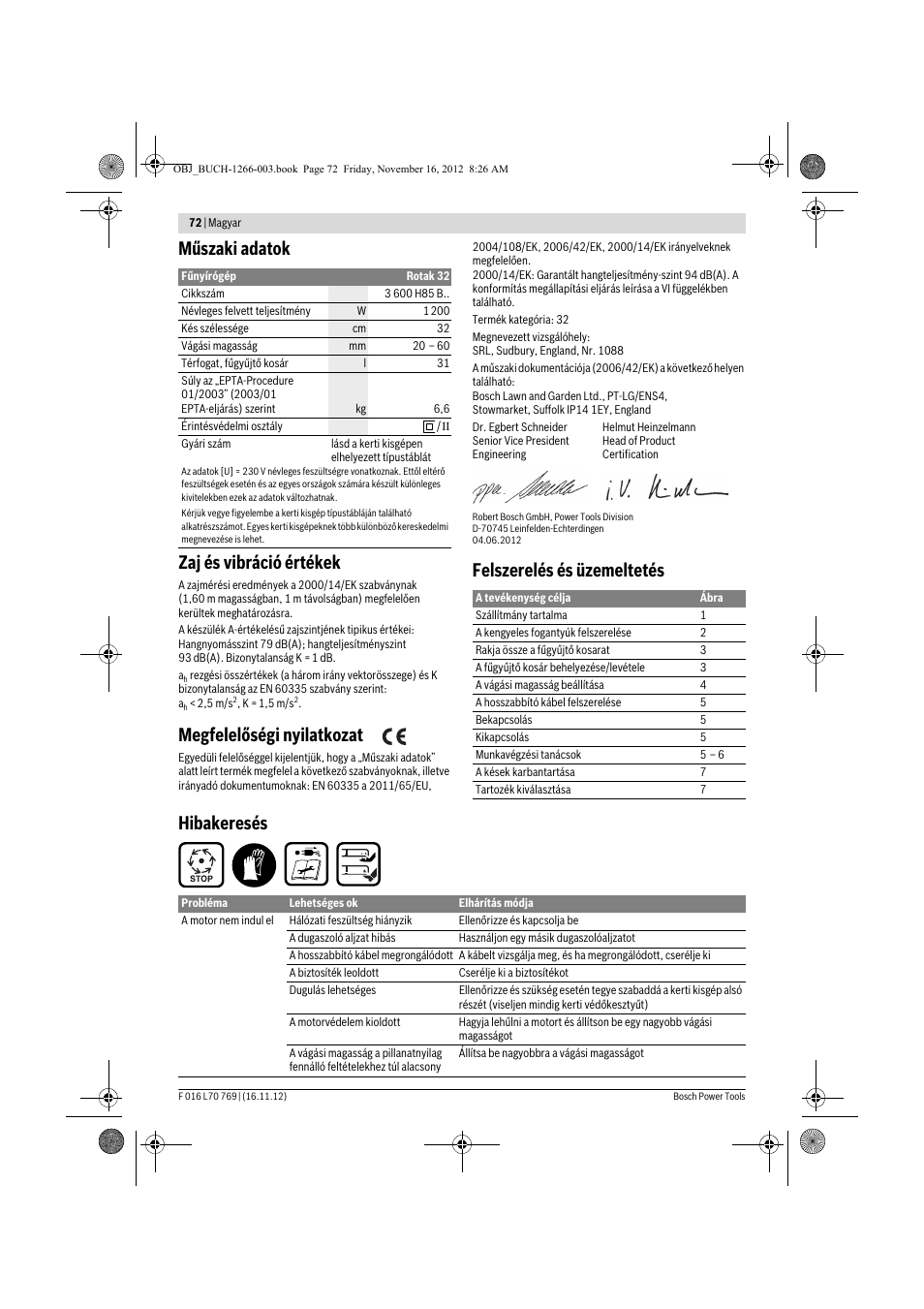 Műszaki adatok zaj és vibráció értékek, Megfelelőségi nyilatkozat, Felszerelés és üzemeltetés hibakeresés | Bosch Rotak 32 User Manual | Page 72 / 118