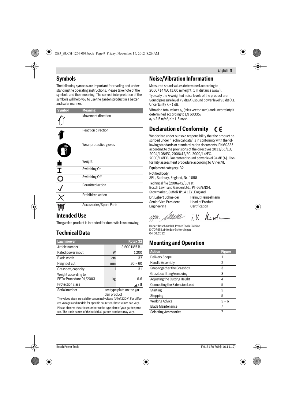 Symbols, Intended use, Technical data noise/vibration information | Declaration of conformity, Mounting and operation | Bosch Rotak 32 User Manual | Page 9 / 118