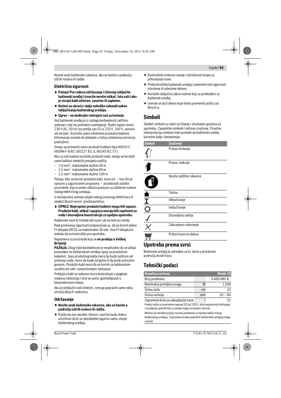 Simboli, Upotreba prema svrsi, Tehnički podaci | Bosch Rotak 32 User Manual | Page 93 / 118