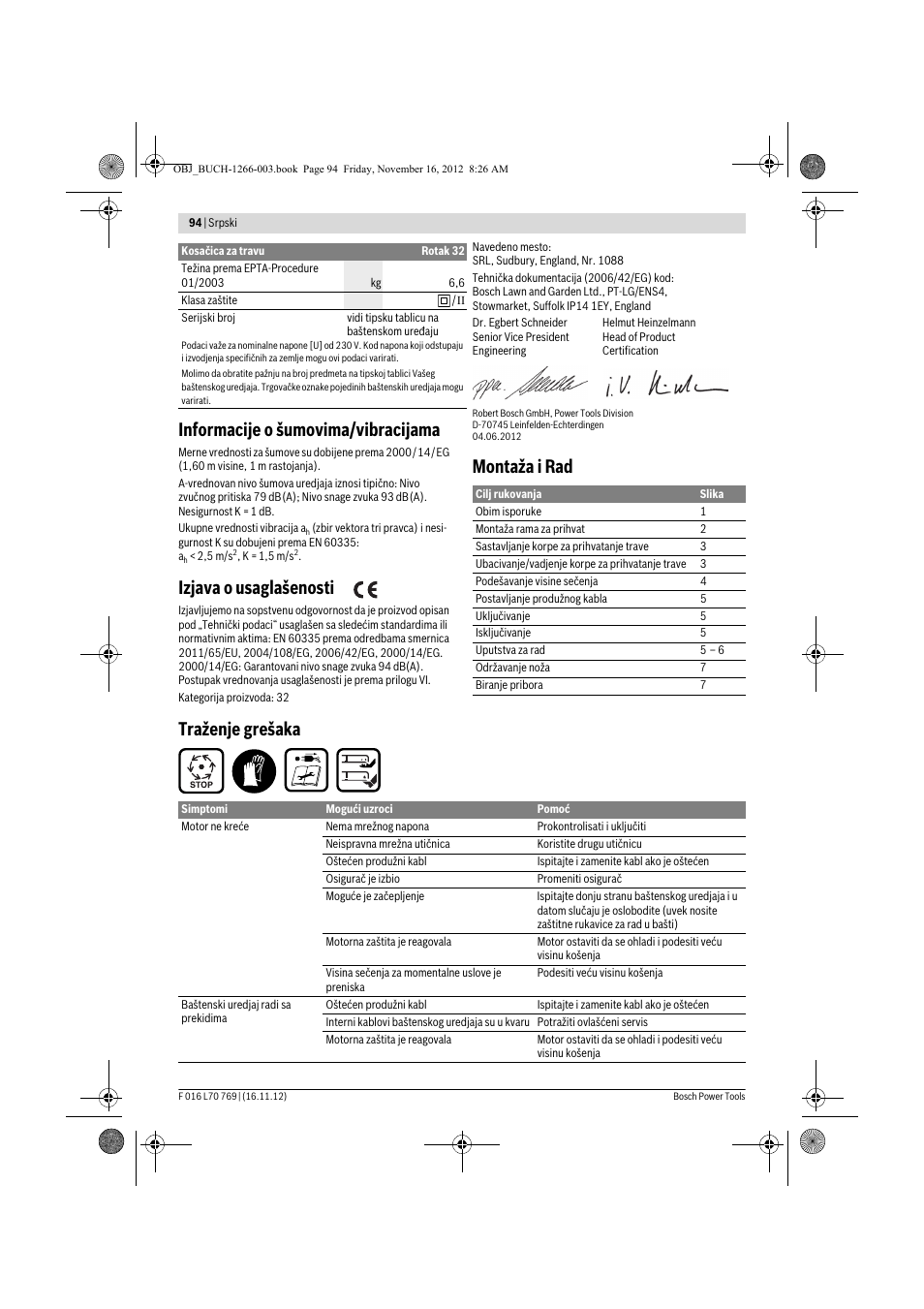 Informacije o šumovima/vibracijama, Izjava o usaglašenosti, Montaža i rad traženje grešaka | Bosch Rotak 32 User Manual | Page 94 / 118